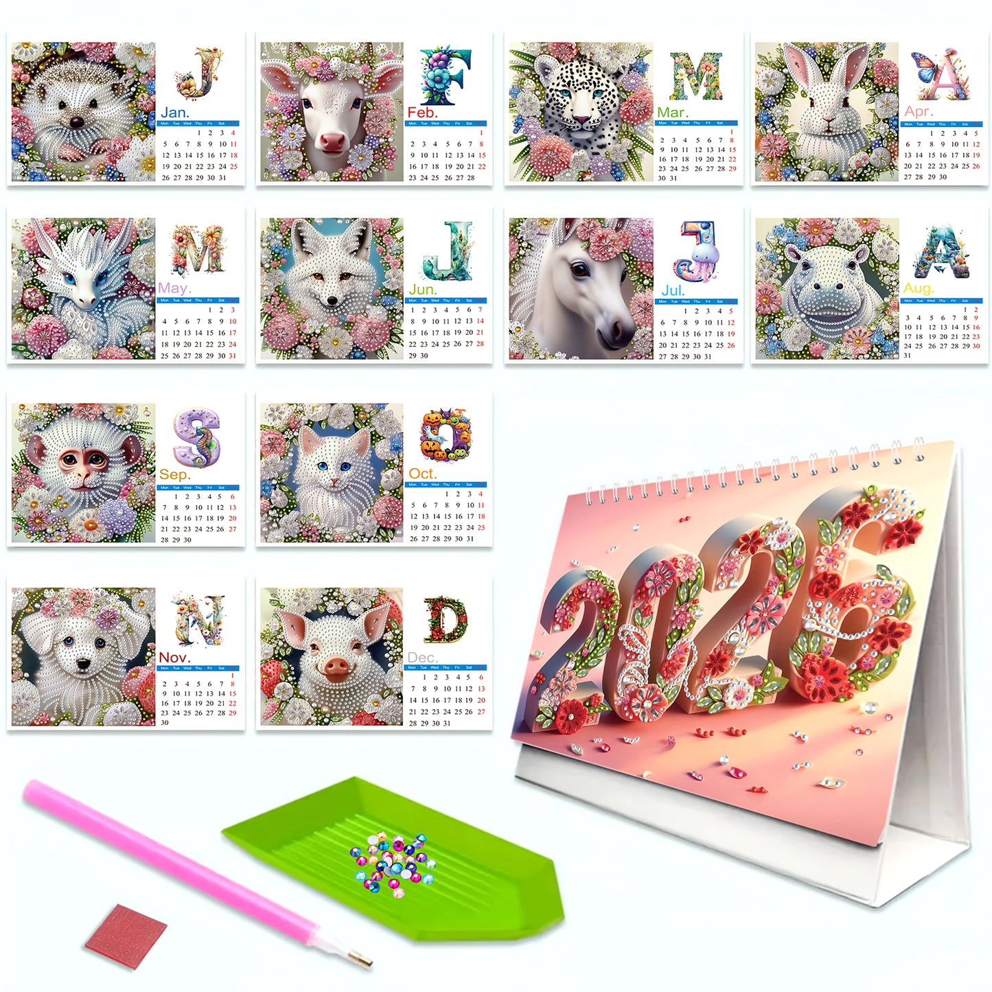 2026 Calendar Diamond Painting Kit Animal DIY Diamond Art Desk Calendar