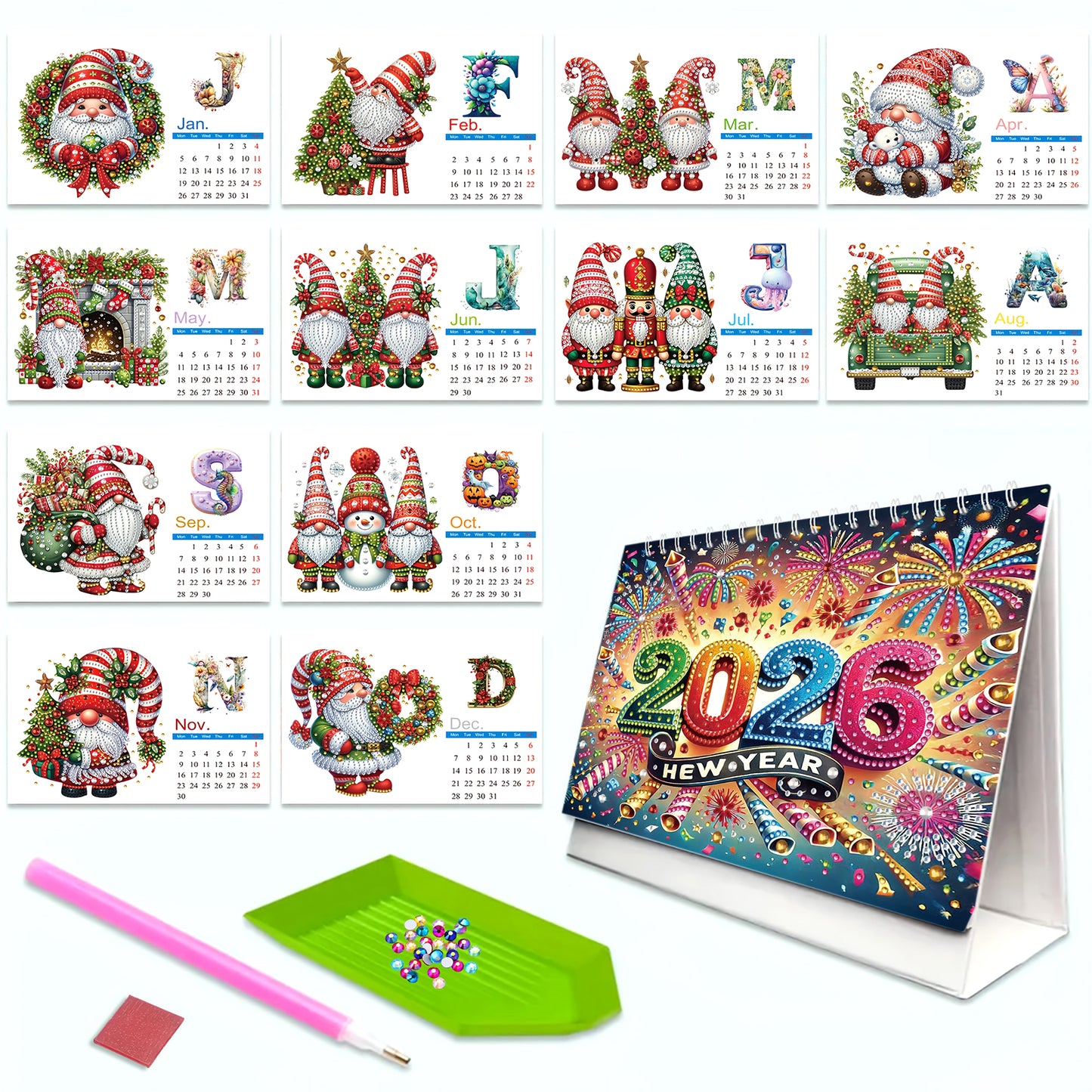 2026 Calendar Diamond Painting Kit Christmas Gnome DIY Diamond Art Desk Calendar