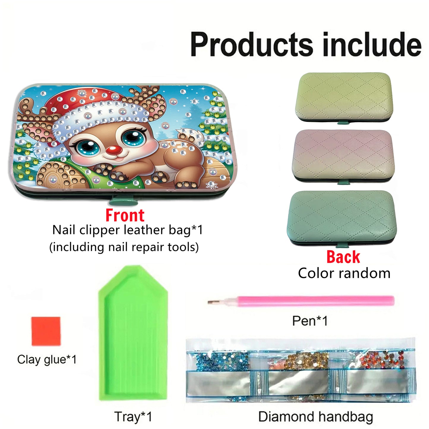 Christmas Elk Diamond Painting Nail Art Bag Set Includes 7 Professional Tools