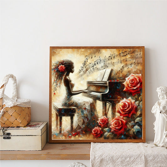 Piano Girl And Red Rose - Full Round Drill Diamond Painting 40*40CM