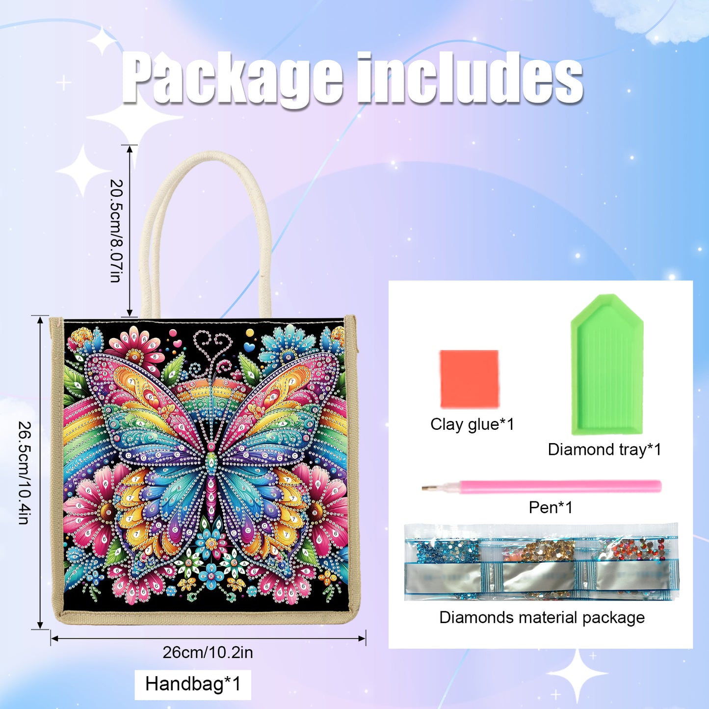 Diamond Painting Shopping Bag Diamond Tote Handbag Partial Drill (Butterfly)