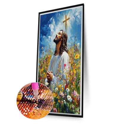 Faith-Cross And Flowers Jesus - Full Square Drill Diamond Painting 40*70CM