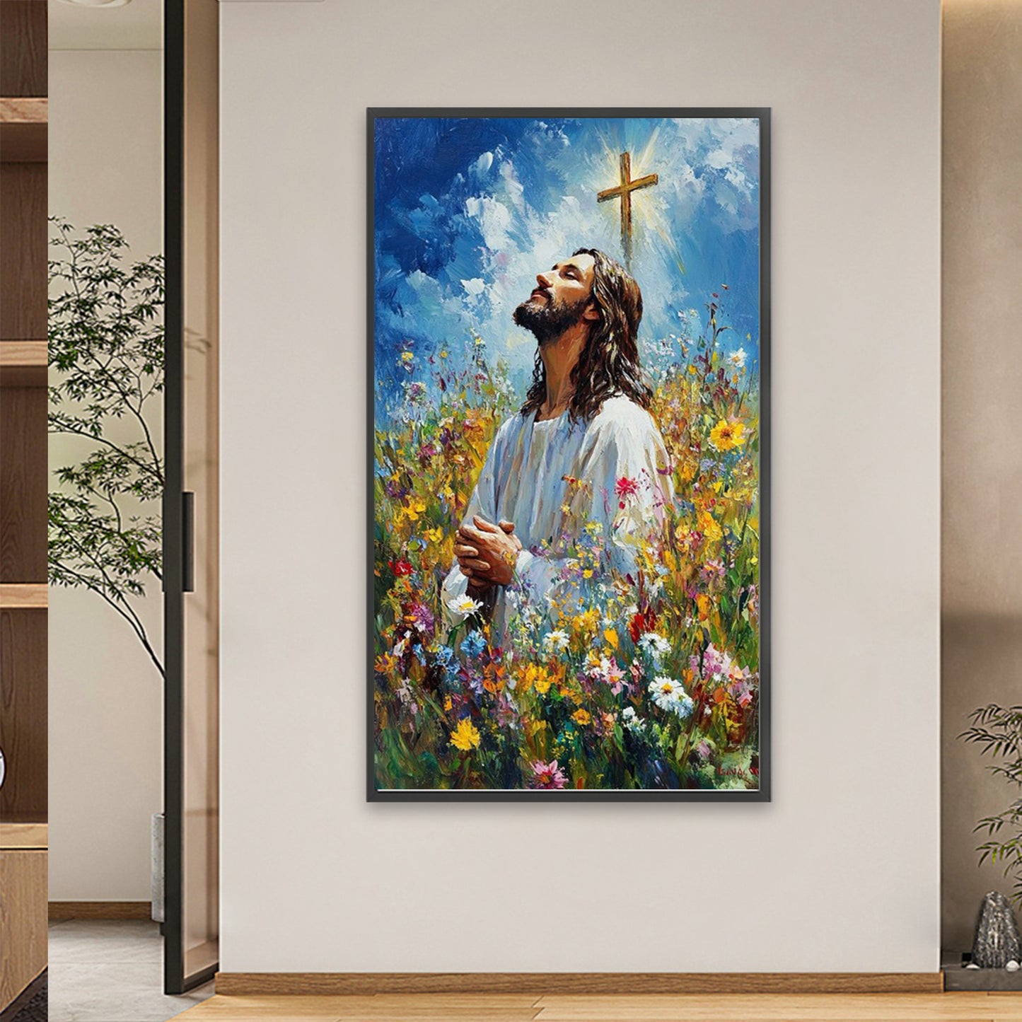Faith-Cross And Flowers Jesus - Full Square Drill Diamond Painting 40*70CM