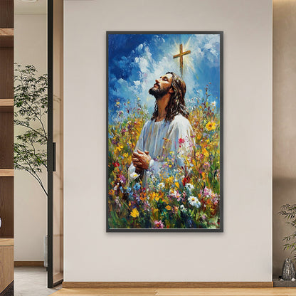 Faith-Cross And Flowers Jesus - Full Square Drill Diamond Painting 40*70CM
