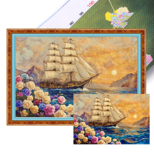 Golden Sea Of Flowers: Smooth Sailing - 11CT Stamped Cross Stitch 75*50CM (Mona Lisa Brand)