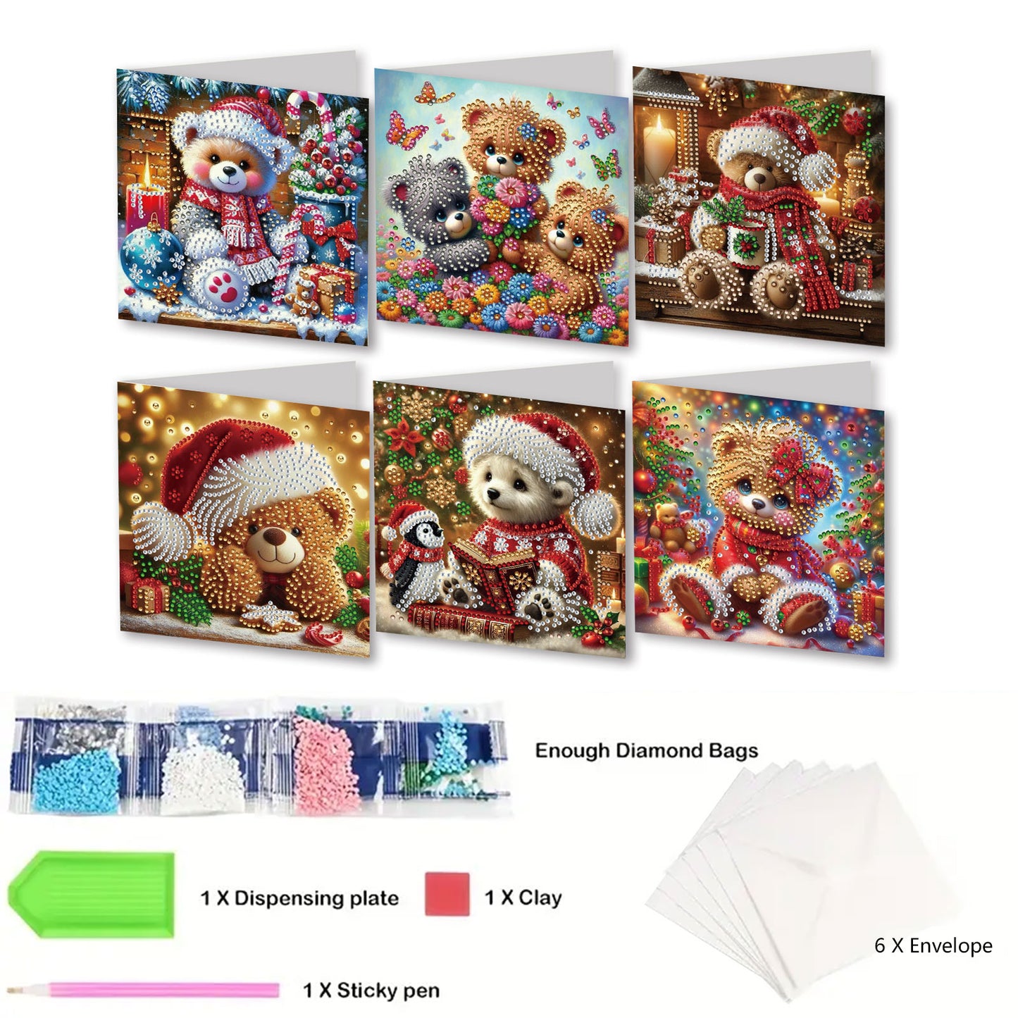 6pcs DIY Diamond Painting Greeting Card Set for Holiday Blessings Christmas Gift