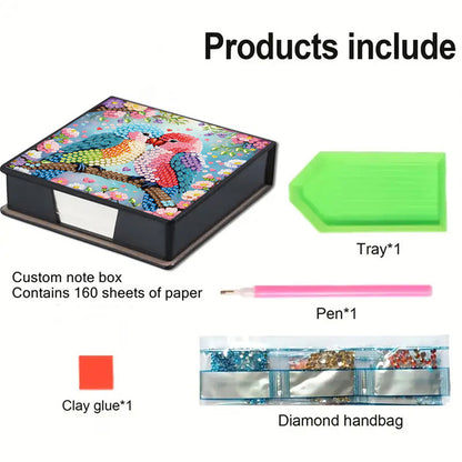 5D Bird DIY PU Diamond Painting Notecard Box with 160 Sheets Paper Note Holder
