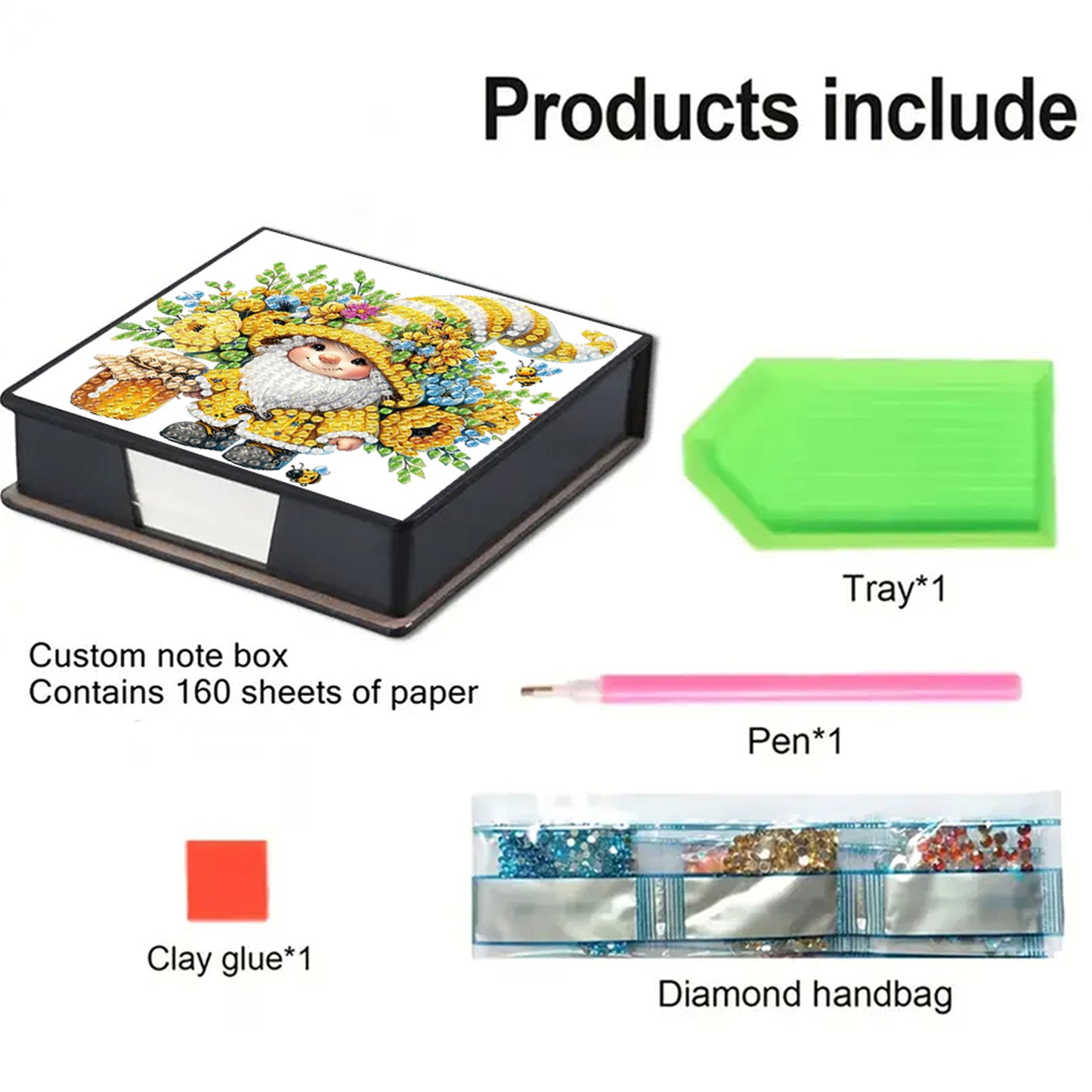 5D Gnome DIY PU Diamond Painting Notecard Box with 160 Sheets Paper Note Holder