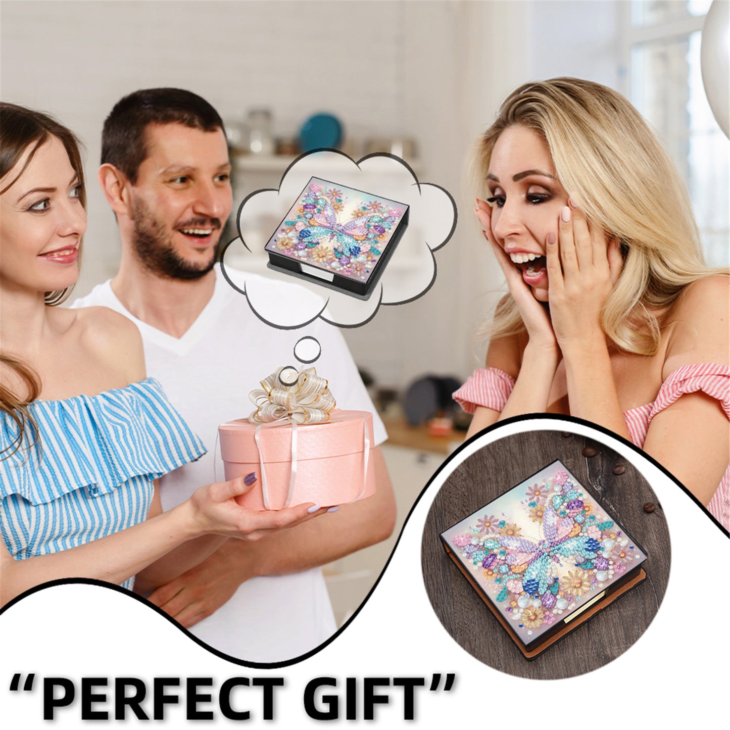 5D Butterfly DIY PU Diamond Painting Notecard Box with 160 Sheets Paper Holder