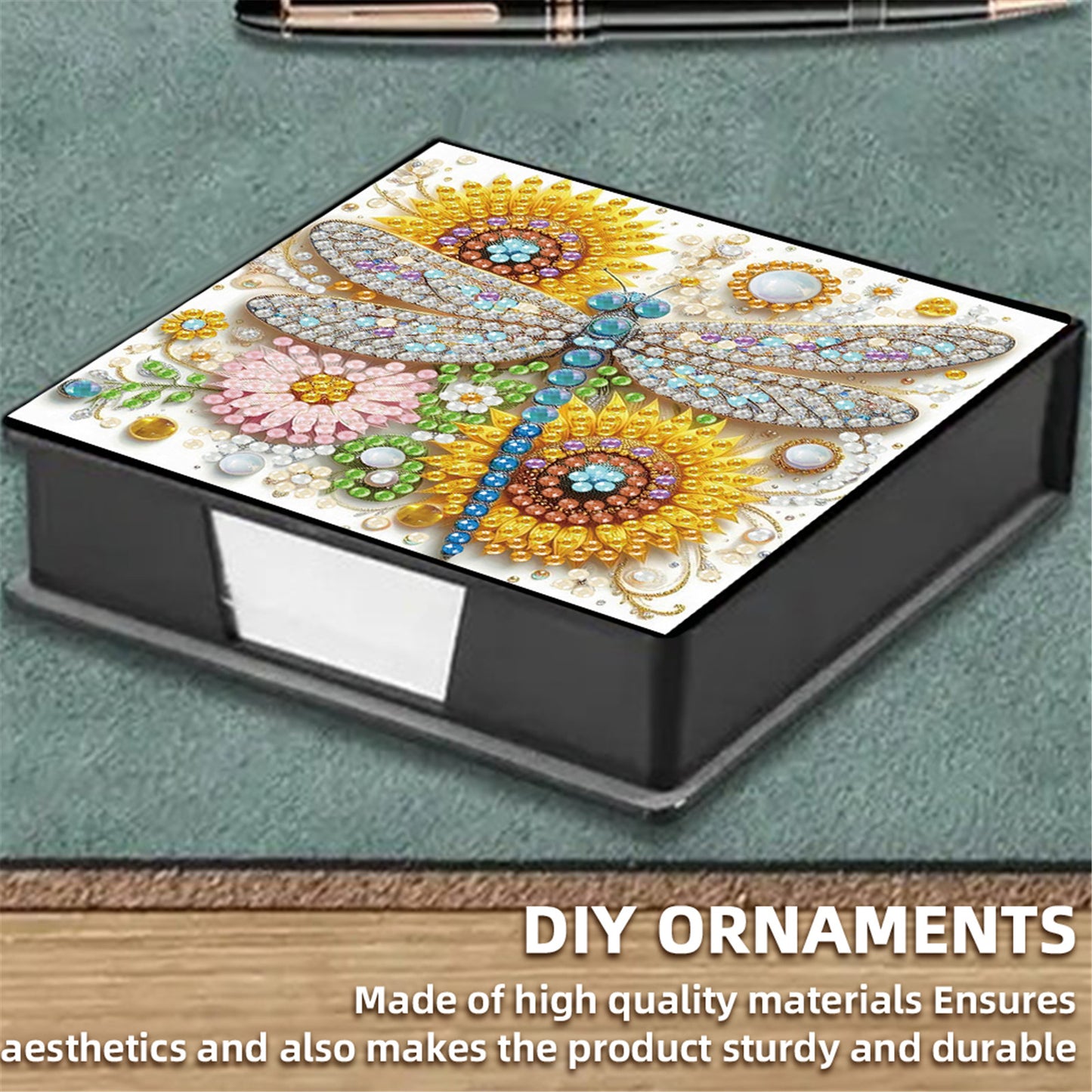 5D Dragonfly DIY PU Diamond Painting Notecard Box with 160 Sheets Paper Holder
