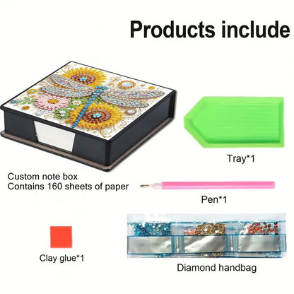 5D Dragonfly DIY PU Diamond Painting Notecard Box with 160 Sheets Paper Holder