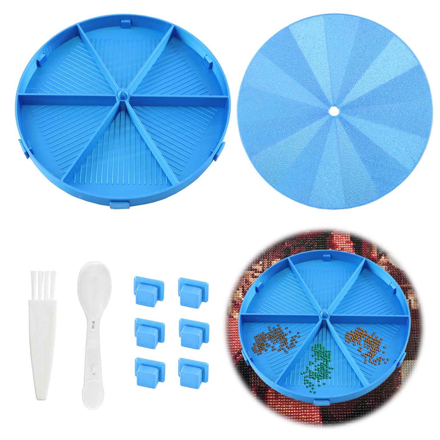 Beads Sorting Storage Tray Round Diamond Painting Tools with Lid (Blue)