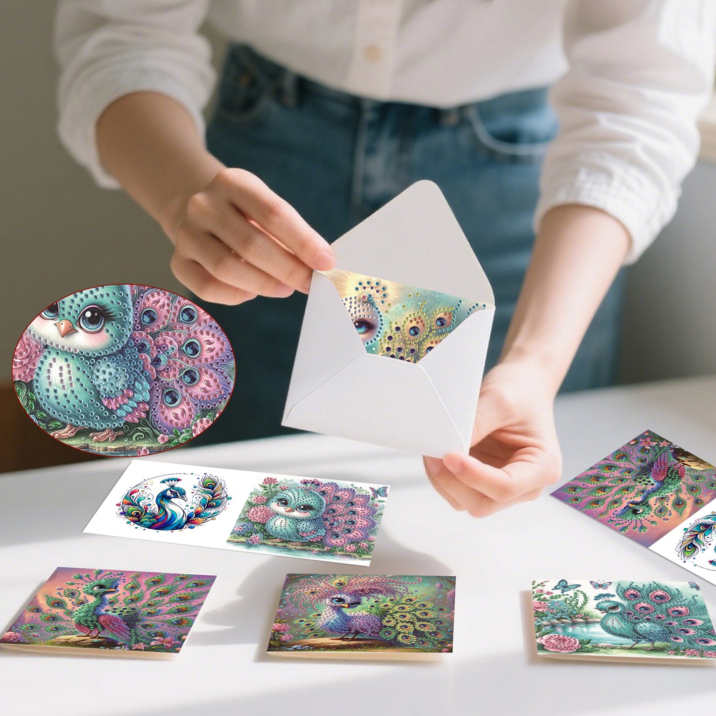 6pcs Peacock DIY Diamond Art Greeting Cards Thank You Cards and Holiday Blessing
