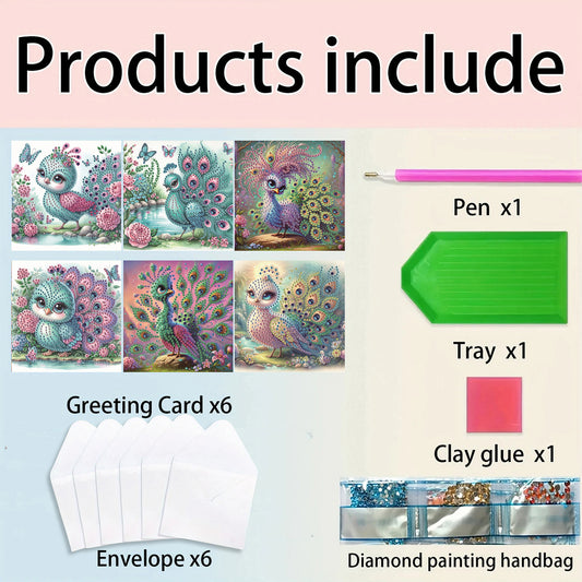 6pcs Peacock DIY Diamond Art Greeting Cards Thank You Cards and Holiday Blessing