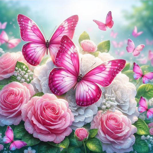 Butterfly And Flowers - Full Round Drill Diamond Painting 30*30CM