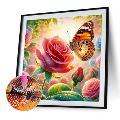 Red Rose And Butterfly - Full Round Drill Diamond Painting 30*30CM