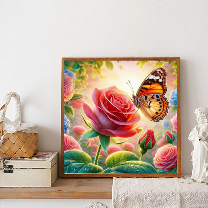 Red Rose And Butterfly - Full Round Drill Diamond Painting 30*30CM