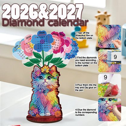 2026 Calendar DIY Diamond Painting Kit Cat Wooden Diamond Painting Calendar