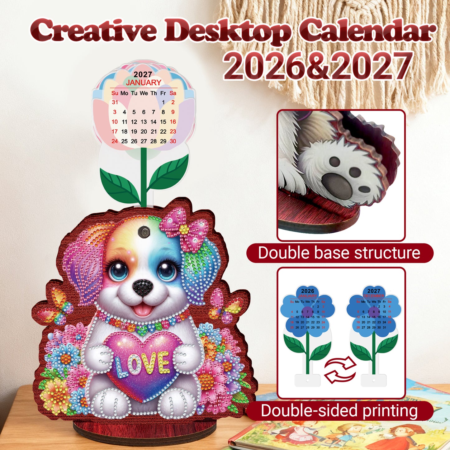 2026 Calendar DIY Diamond Painting Kit Dog Wooden Diamond Painting Calendar