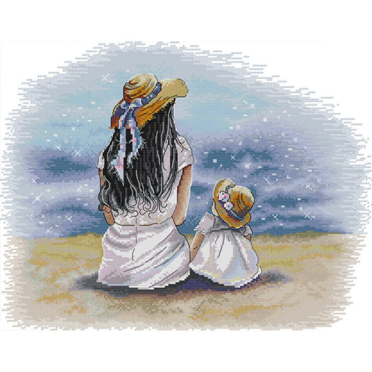 Mother And Daughter By The Sea - 14CT Stamped Cross Stitch 46*37CM(Joy Sunday)