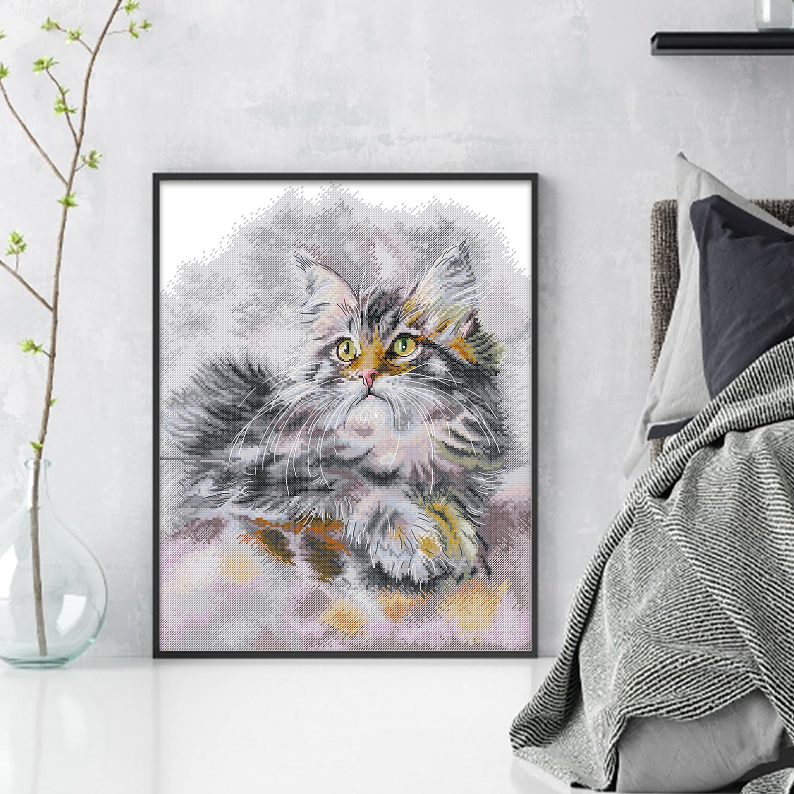 Furry Oil Painting Cat - 14CT Stamped Cross Stitch 35*43CM(Joy