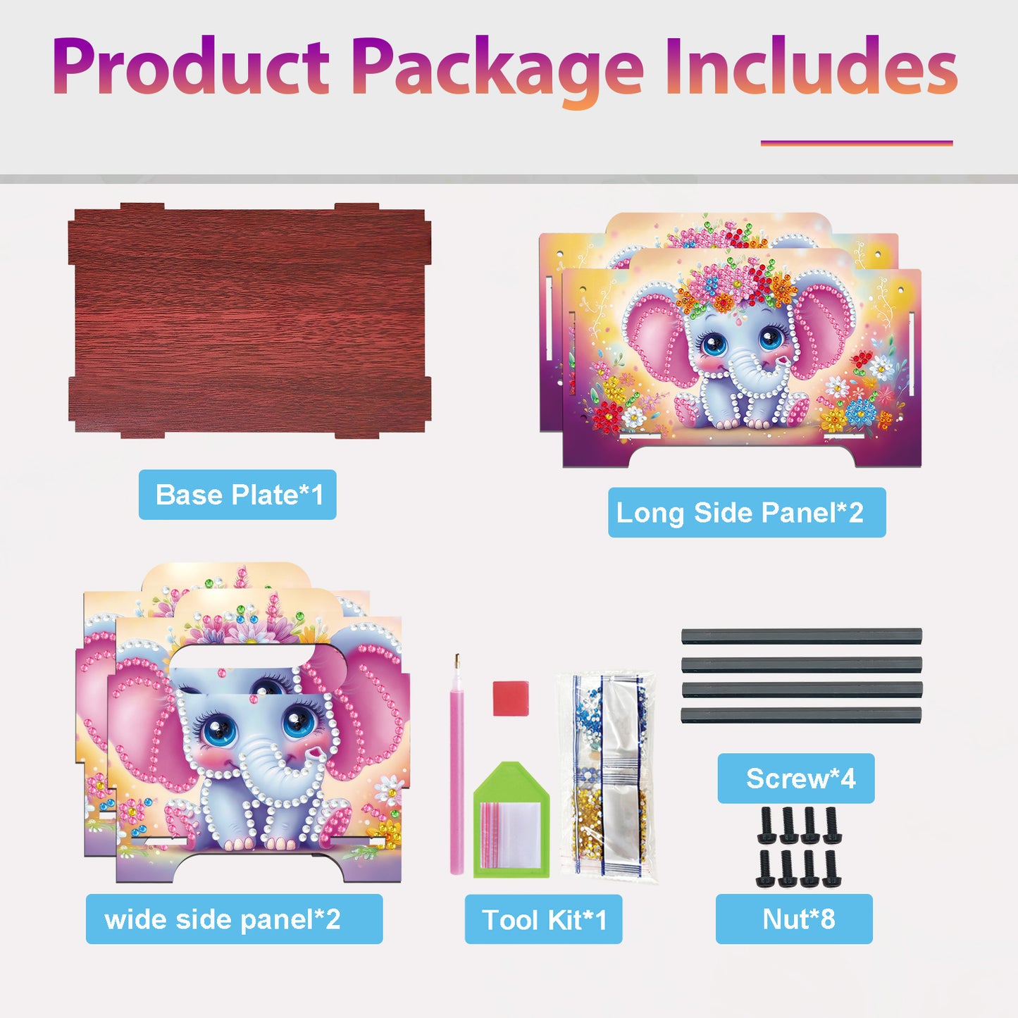 5D DIY Diamond Painting Decorative Storage Box Wood Storage Clutch (Elephant)