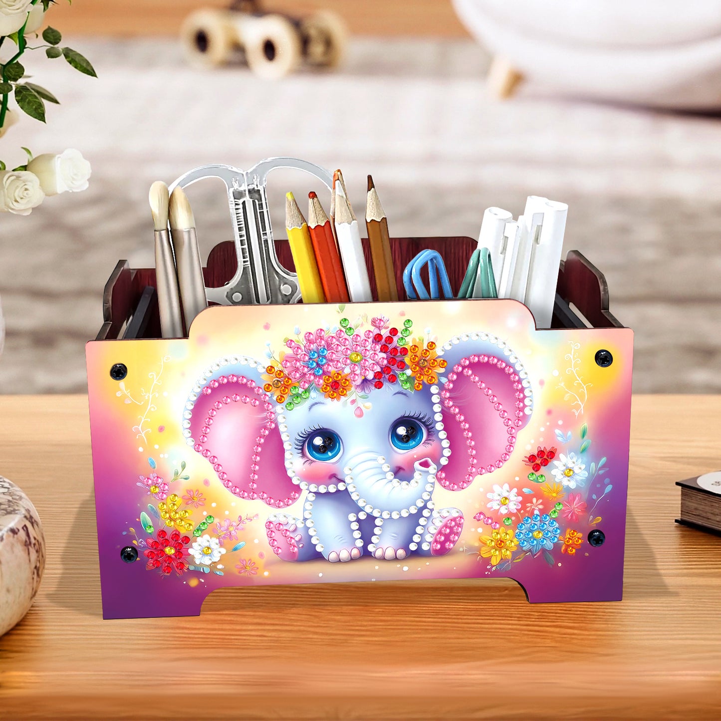5D DIY Diamond Painting Decorative Storage Box Wood Storage Clutch (Elephant)
