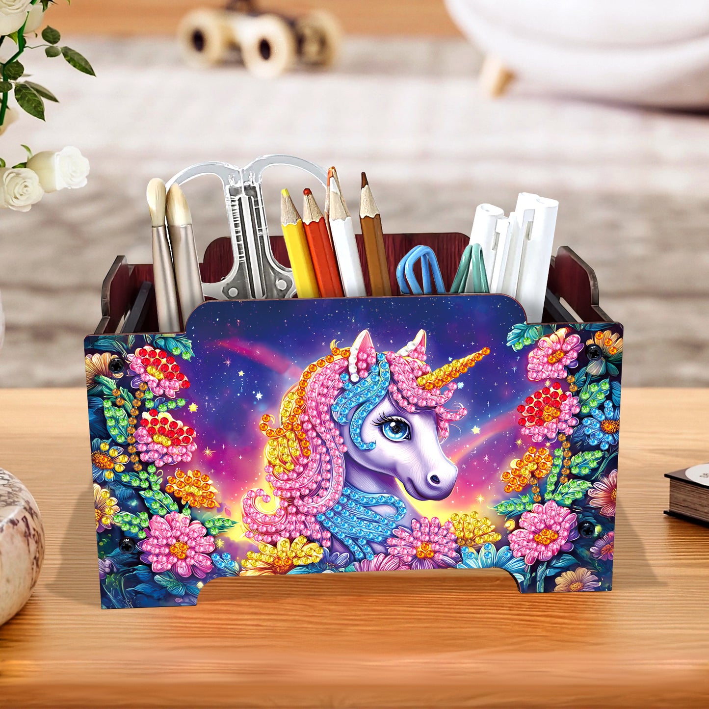 5D DIY Diamond Painting Decorative Storage Box Wood Storage Clutch (Unicorn)