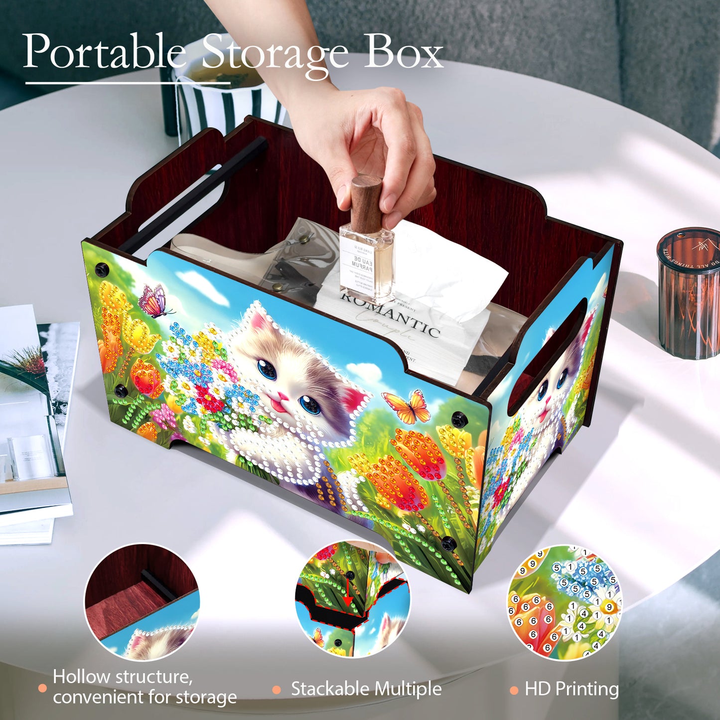 5D DIY Diamond Painting Art Decorative Storage Box Wood Storage Clutch (Cat)
