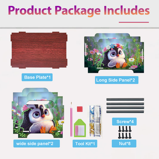 5D DIY Diamond Painting Decorative Storage Box Wood Storage Clutch (Penguin)