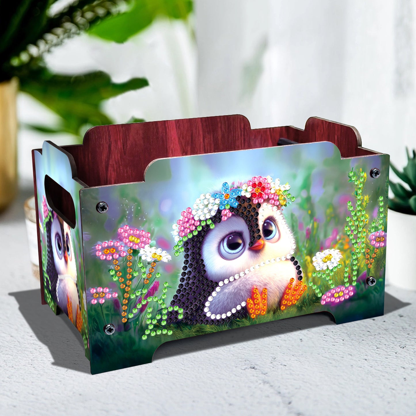 5D DIY Diamond Painting Decorative Storage Box Wood Storage Clutch (Penguin)