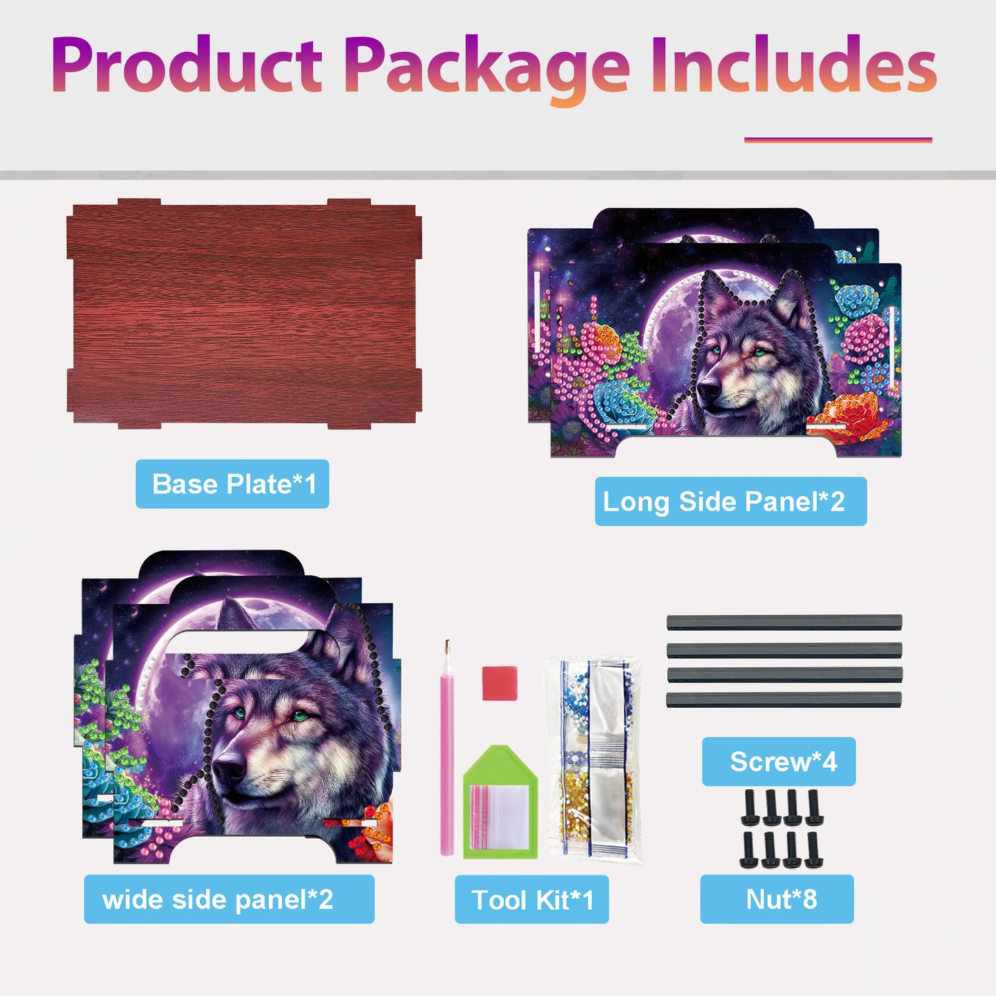 5D DIY Diamond Painting Art Decorative Storage Box Wood Storage Clutch (Wolf)