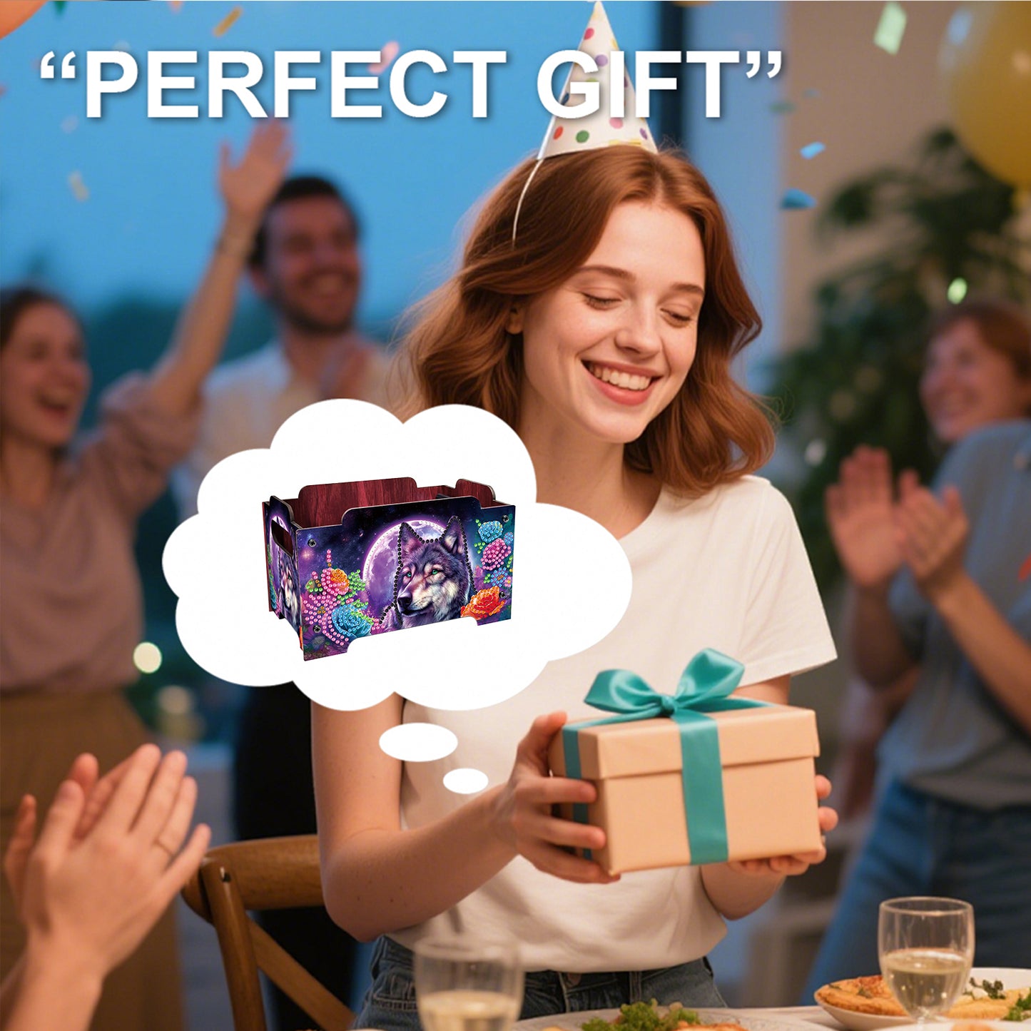 5D DIY Diamond Painting Art Decorative Storage Box Wood Storage Clutch (Wolf)