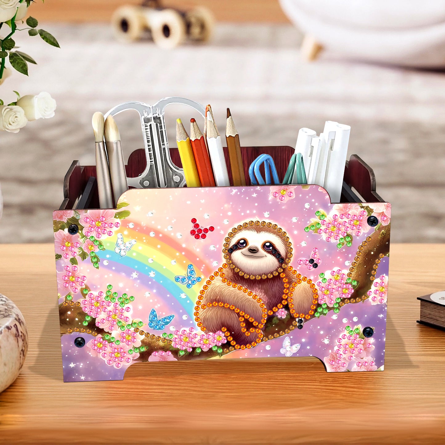 5D DIY Diamond Painting Art Decorative Storage Box Wood Storage Clutch (Sloth)