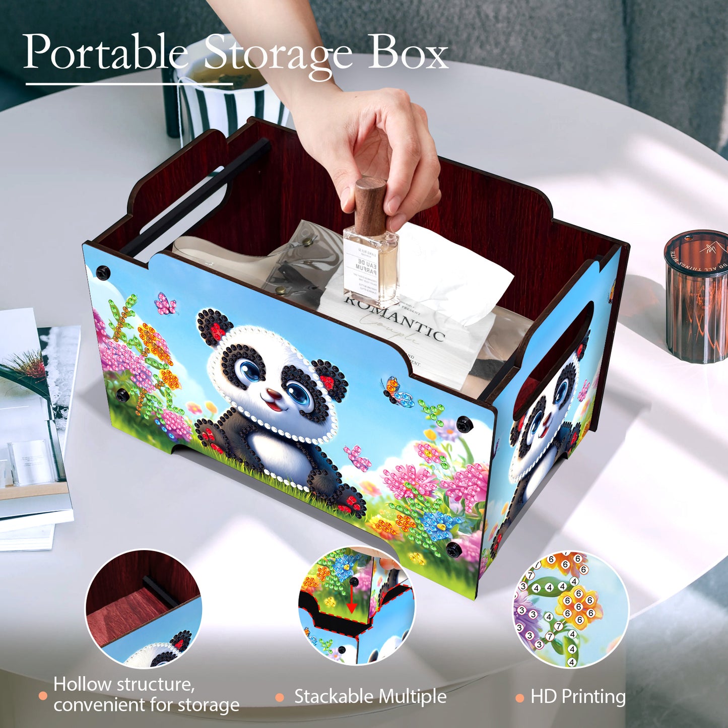 5D DIY Diamond Painting Art Decorative Storage Box Wood Storage Clutch (Panda)