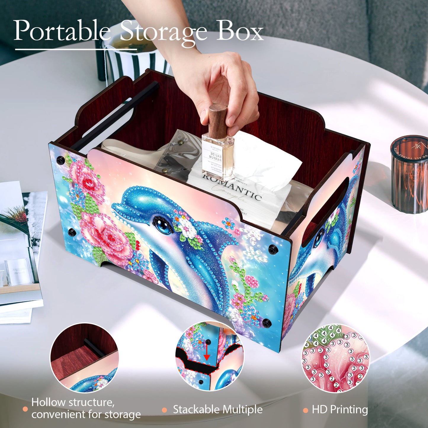5D DIY Diamond Painting Decorative Storage Box Wood Storage Clutch (Dolphin)