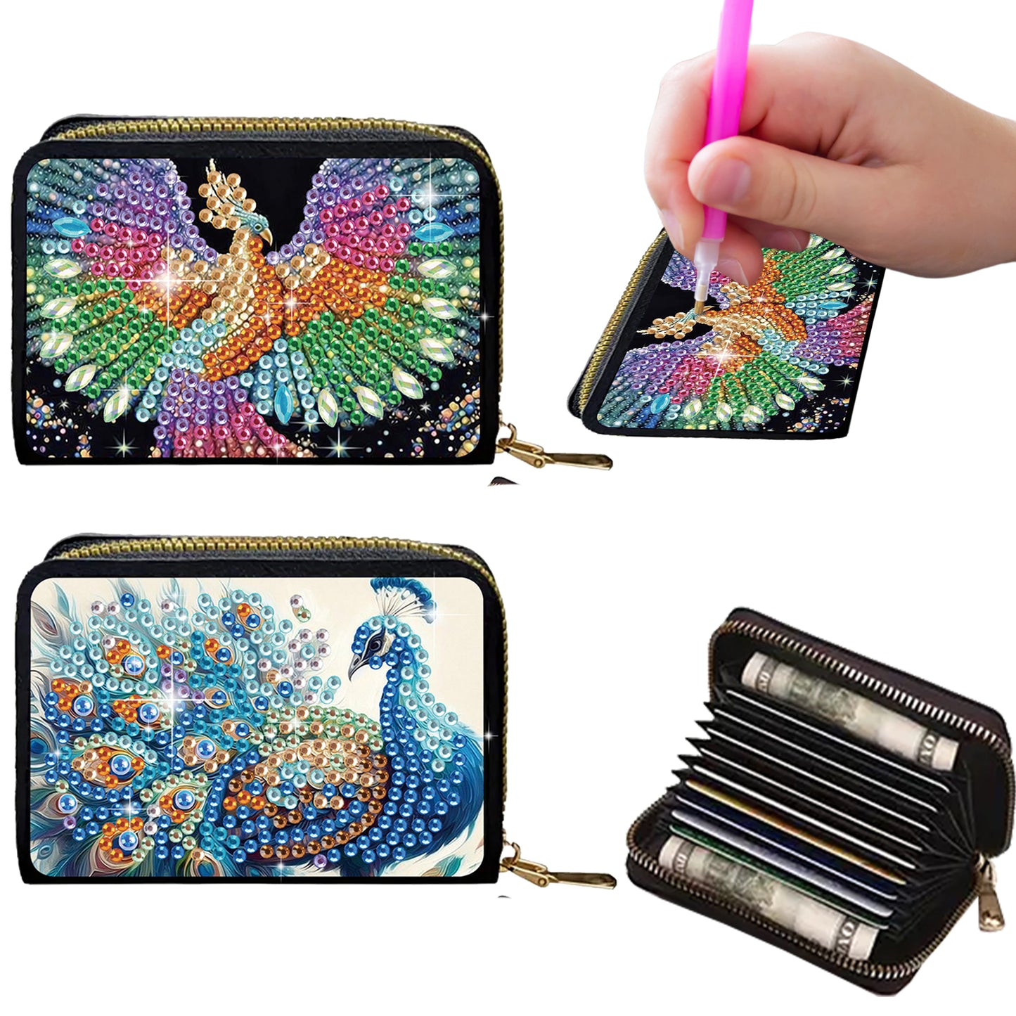 2pcs Peacock Pattern Diamond Painting Fashion Card Holder Compact Coin Purse
