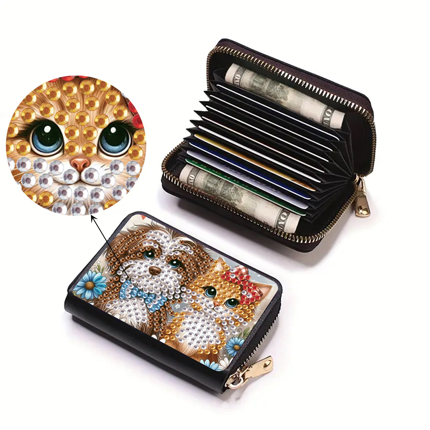 2pcs Cat Pattern Diamond Painting Fashion Card Holder Compact Coin Purse