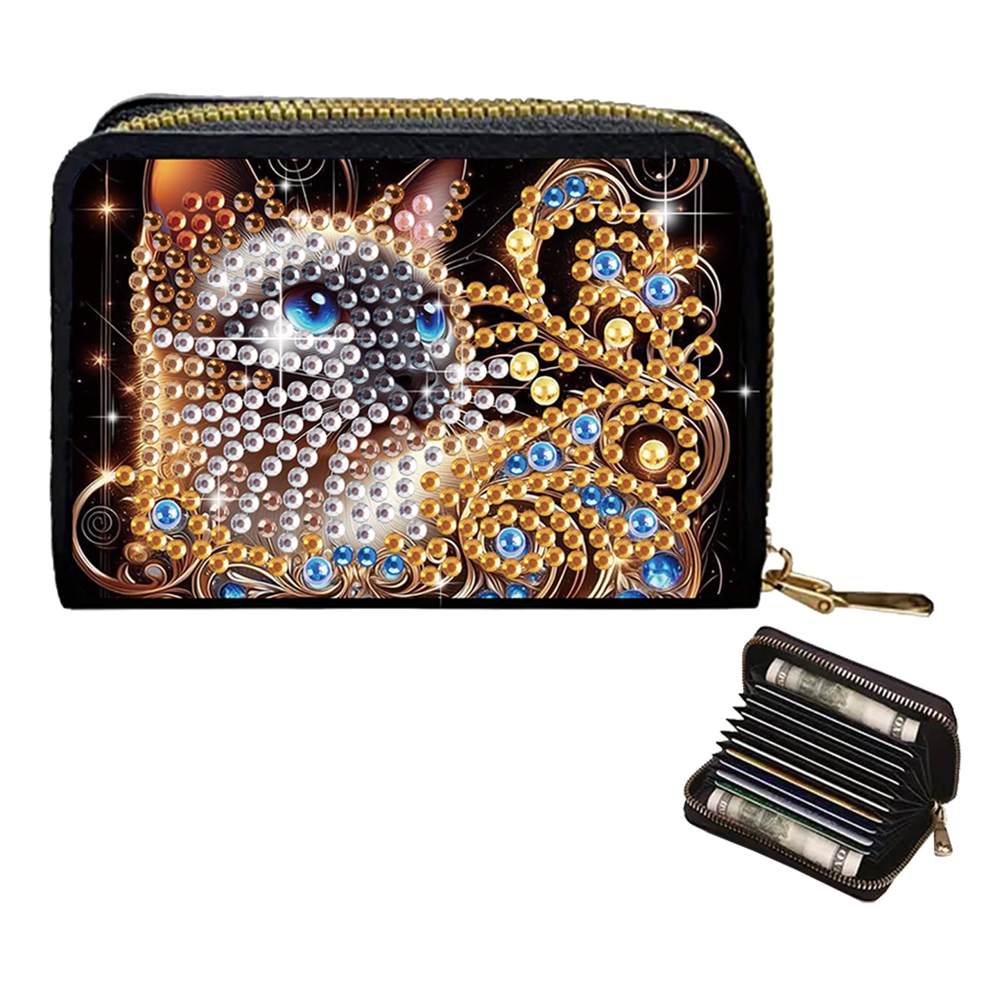 2pcs Cat Pattern Diamond Painting Fashion Card Holder Compact Coin Purse