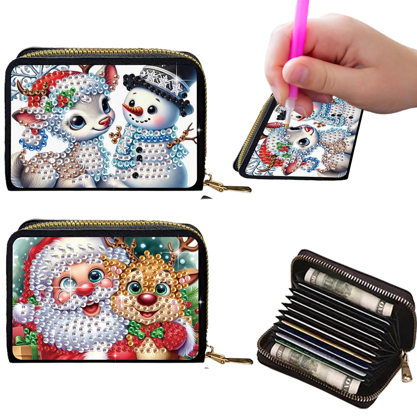 2pcs Santa Claus Snowman Diamond Painting Fashion Card Holder Compact Coin Purse