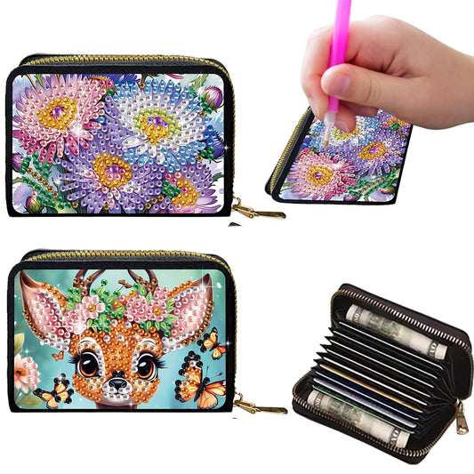 2pcs Flower Deer Pattern Diamond Painting Fashion Card Holder Compact Coin Purse