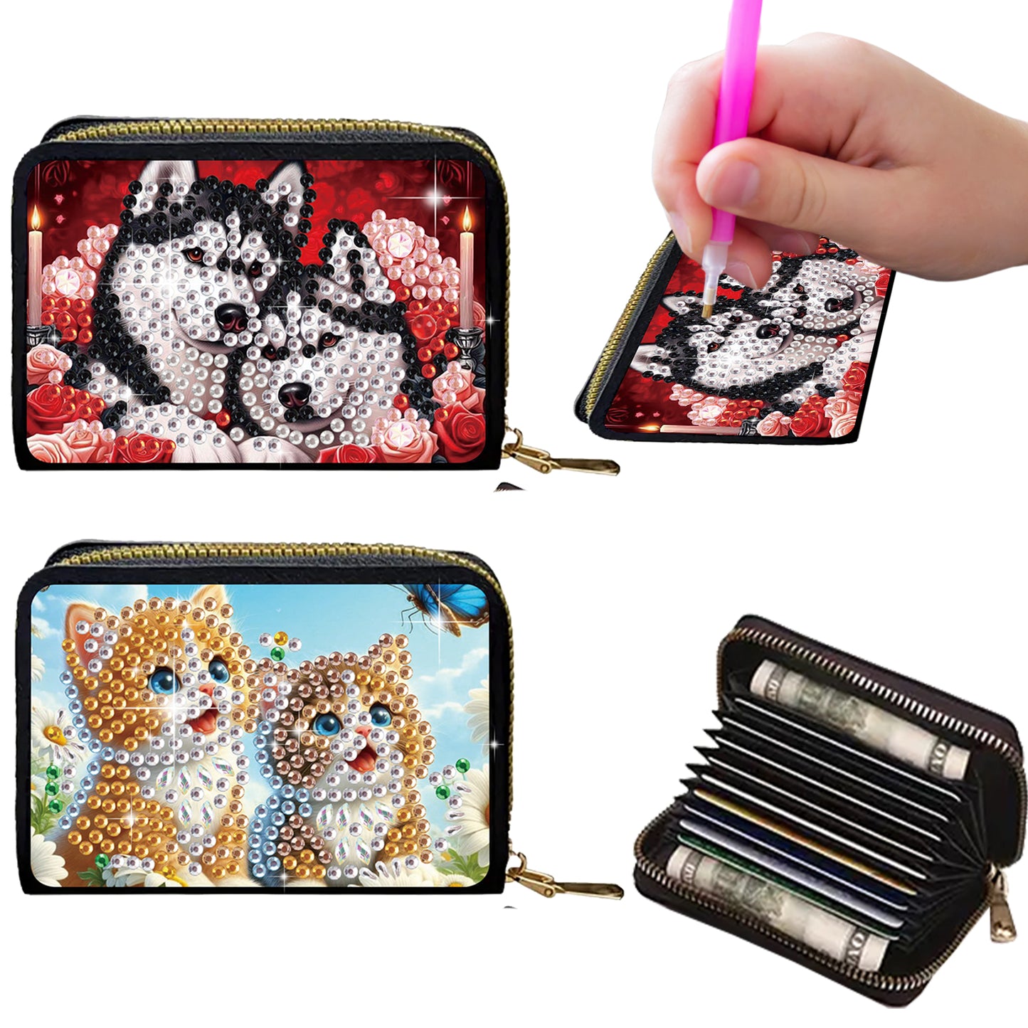 2pcs Dog Cat Pattern Diamond Painting Fashion Card Holder Compact Coin Purse