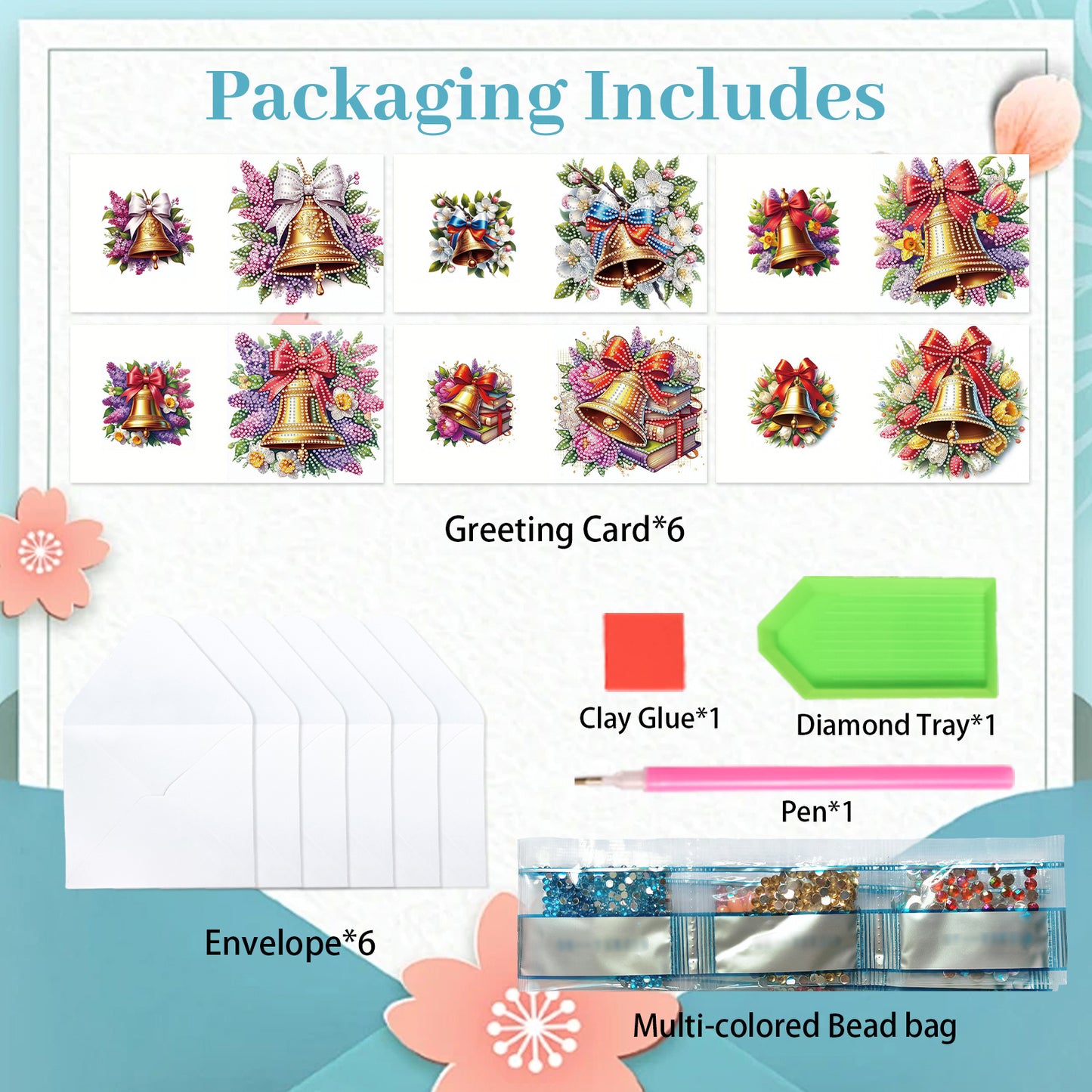6PCS DIY Diamond Art Greeting Cards Christmas Bell Congratulations Cards Gift