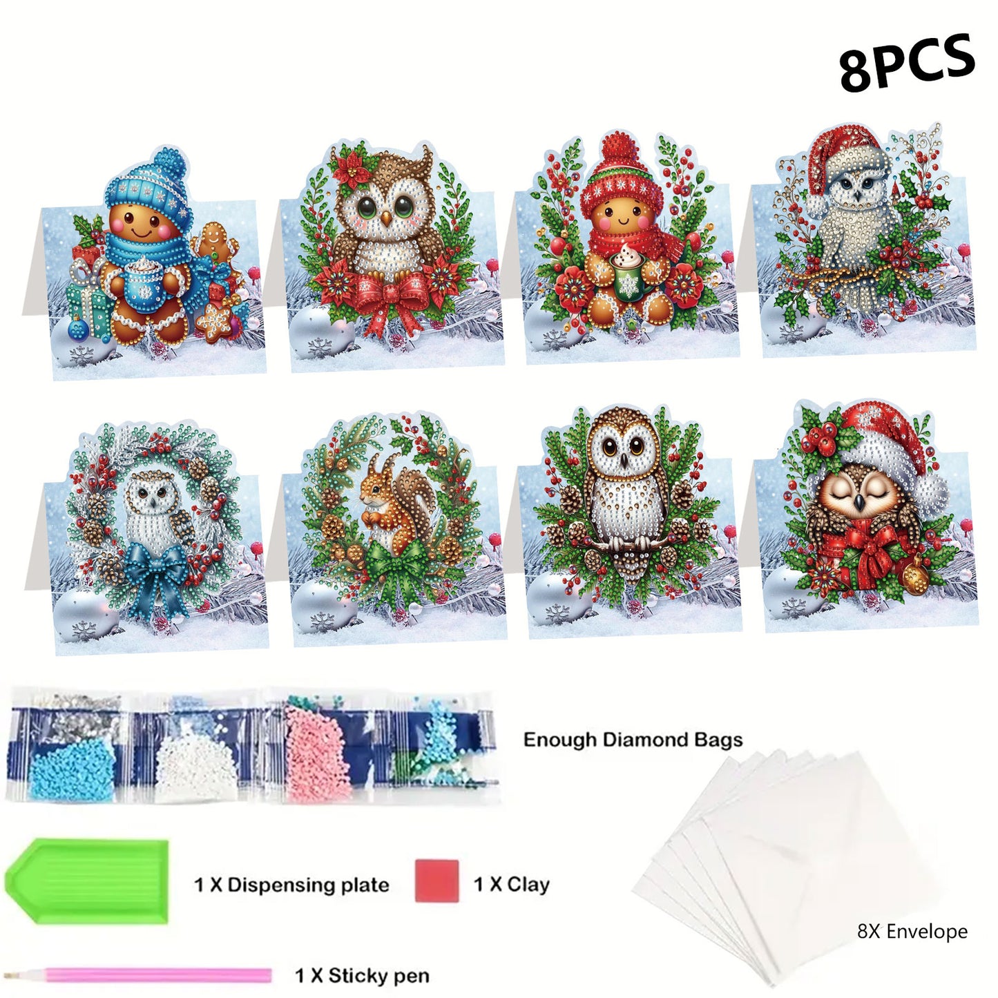 8PCS DIY Diamond Art Greeting Cards Xmas Congratulations Cards   Gifts (Owl)