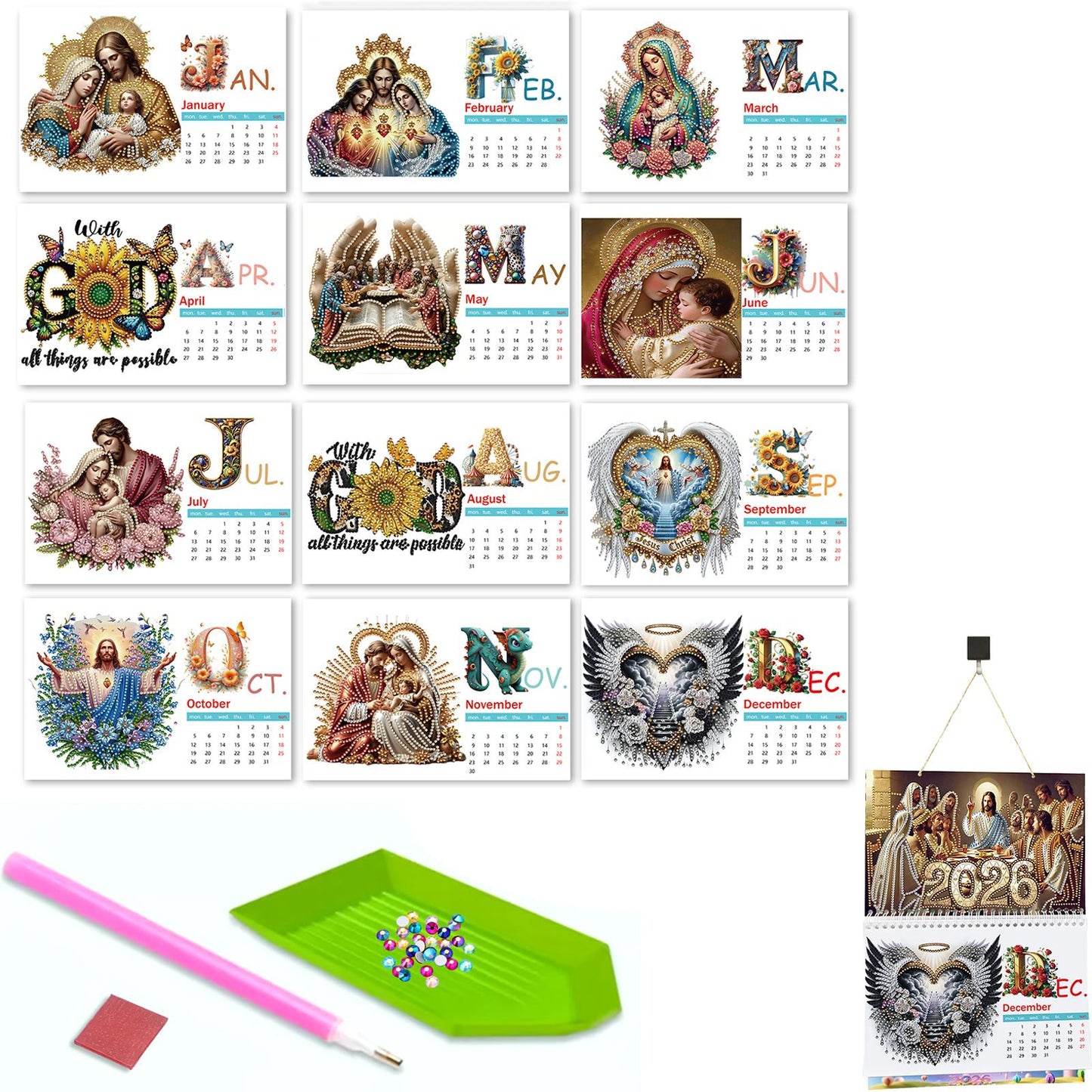 2026 Jesus DIY Diamond Dots Painting Kit Diamond Art Home Paper Desk Calendar