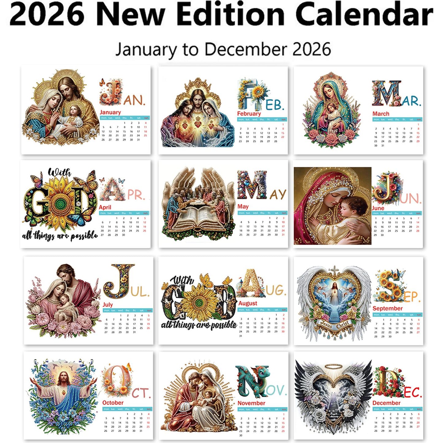 2026 Jesus DIY Diamond Dots Painting Kit Diamond Art Home Paper Desk Calendar