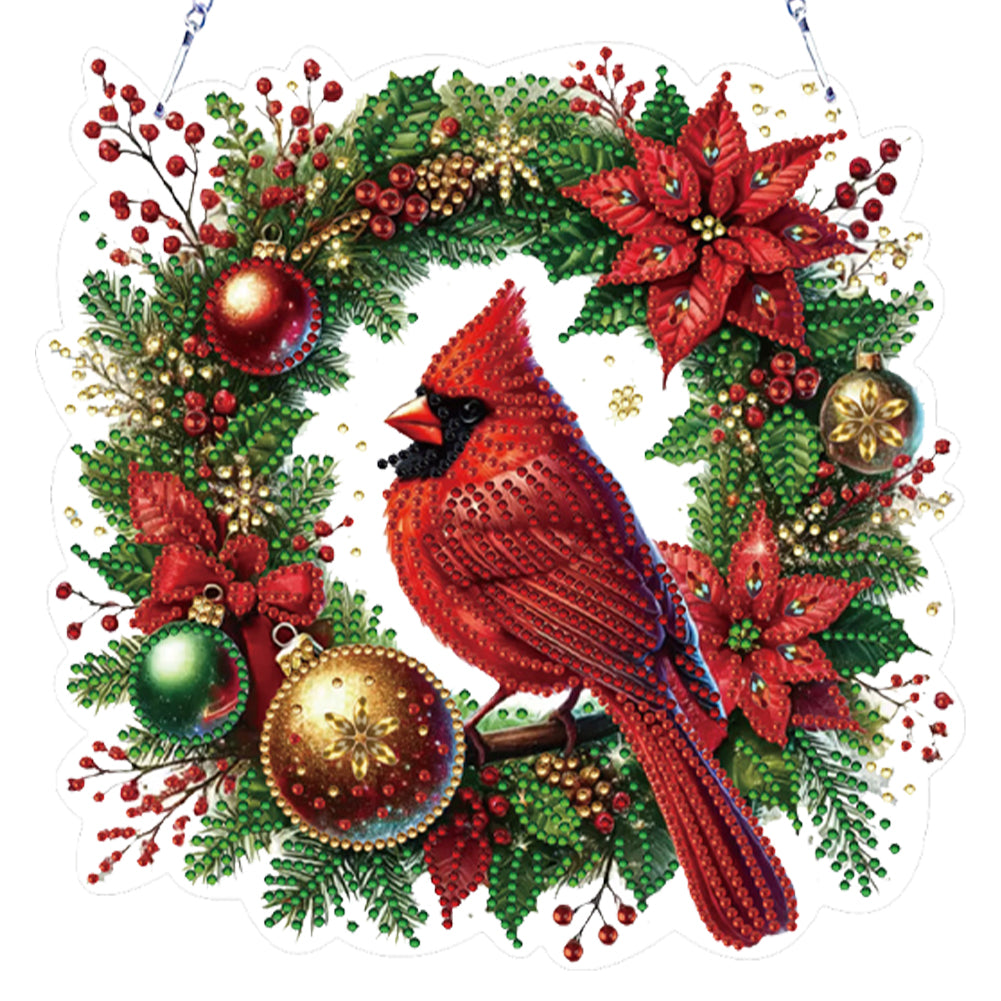 2D Flat DIY Hanging Diamond Art Kits Rhinestone Window Pendant (Cardinal Wreath)