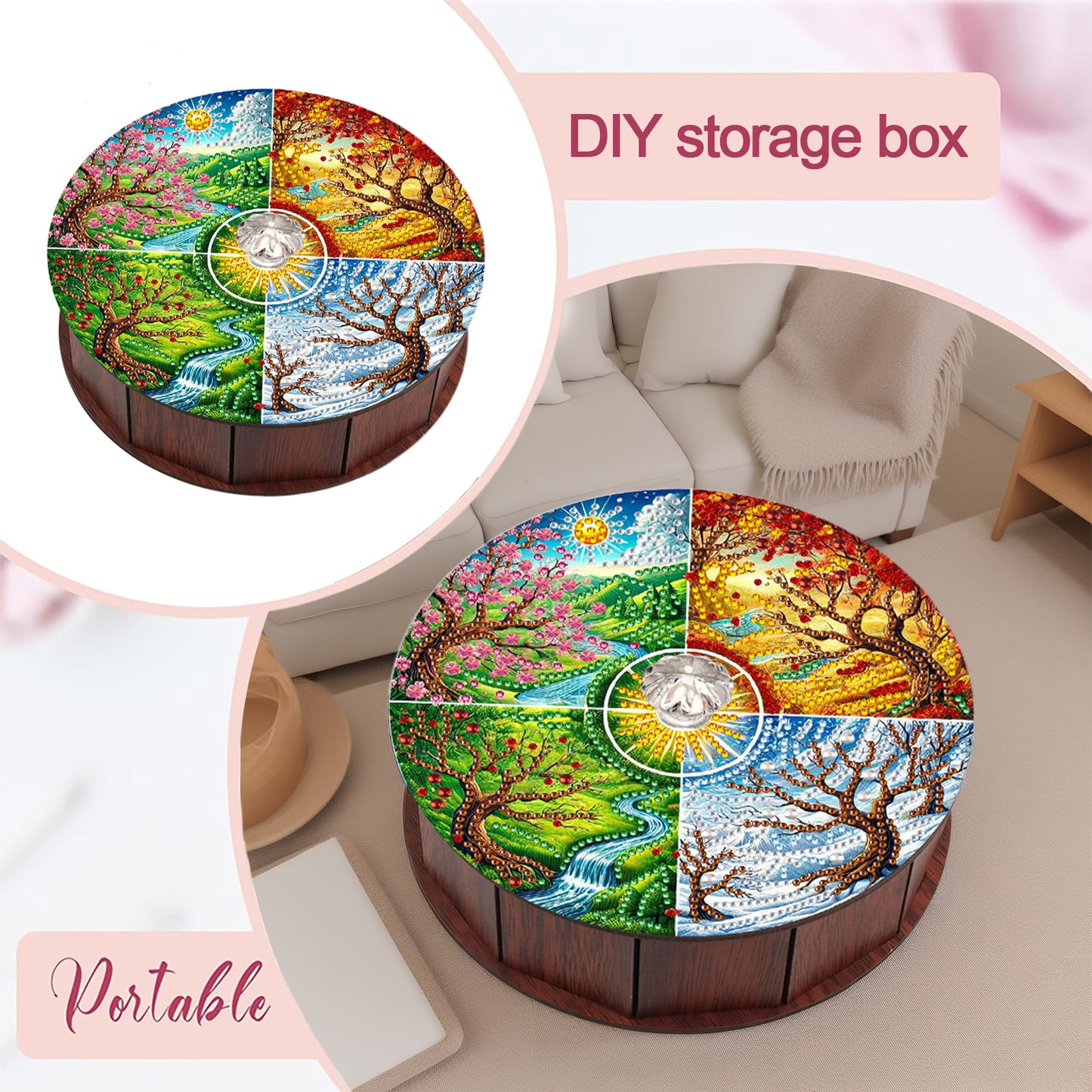 5D DIY Diamond Painting Handmade Storage Box Wood Storage Case (Four Seasons)