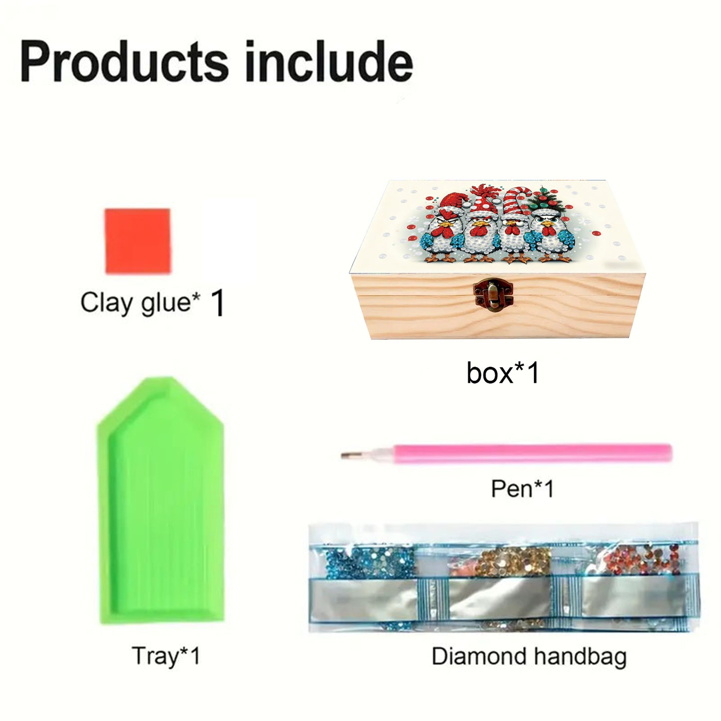 5D DIY Diamond Painting Handmade Wood Storage Box Crystal Storage Case (Chicken)