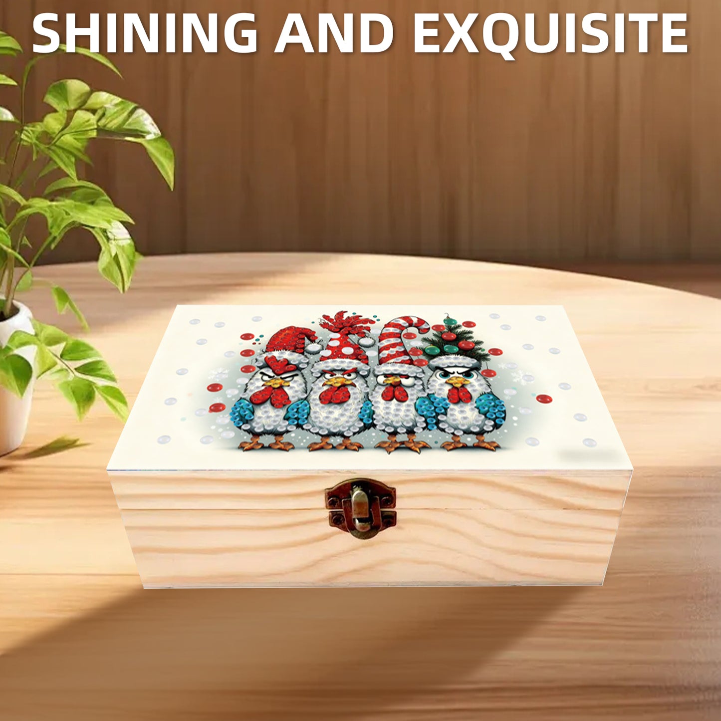5D DIY Diamond Painting Handmade Wood Storage Box Crystal Storage Case (Chicken)